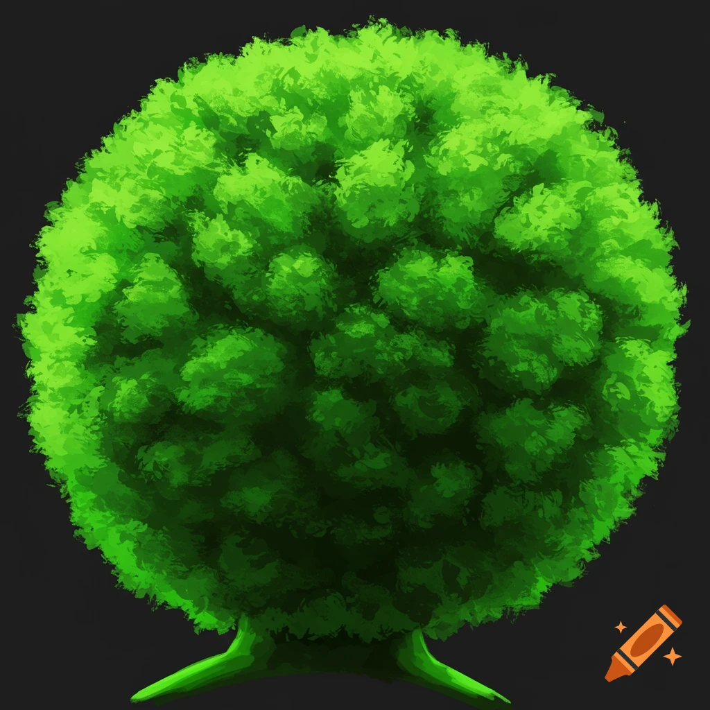 A spherical green tree with textured leaves on a dark background.