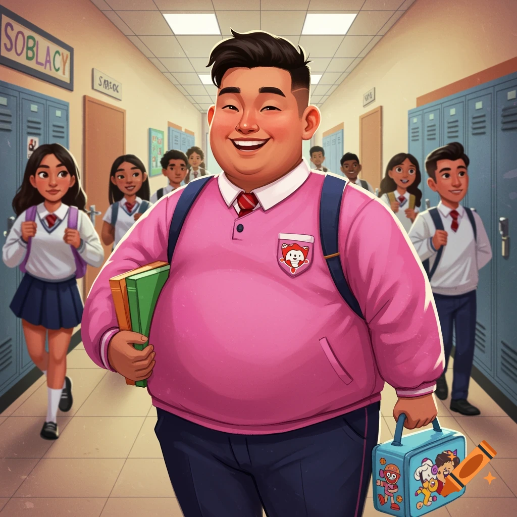 A cheerful student stands in a school hallway with classmates behind him.