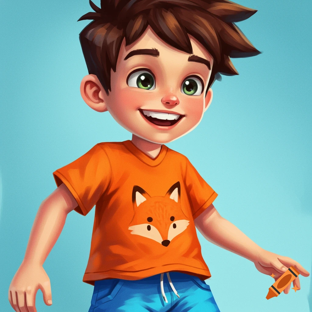 Cartoon illustration of a smiling young boy in an orange t-shirt with a fox graphic and blue shorts