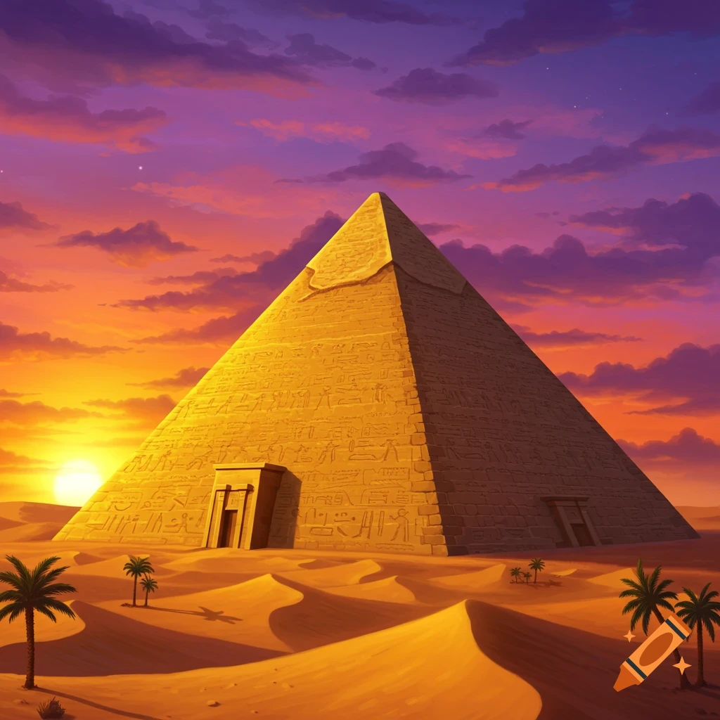 An Egyptian pyramid in the desert at sunset with palm trees.