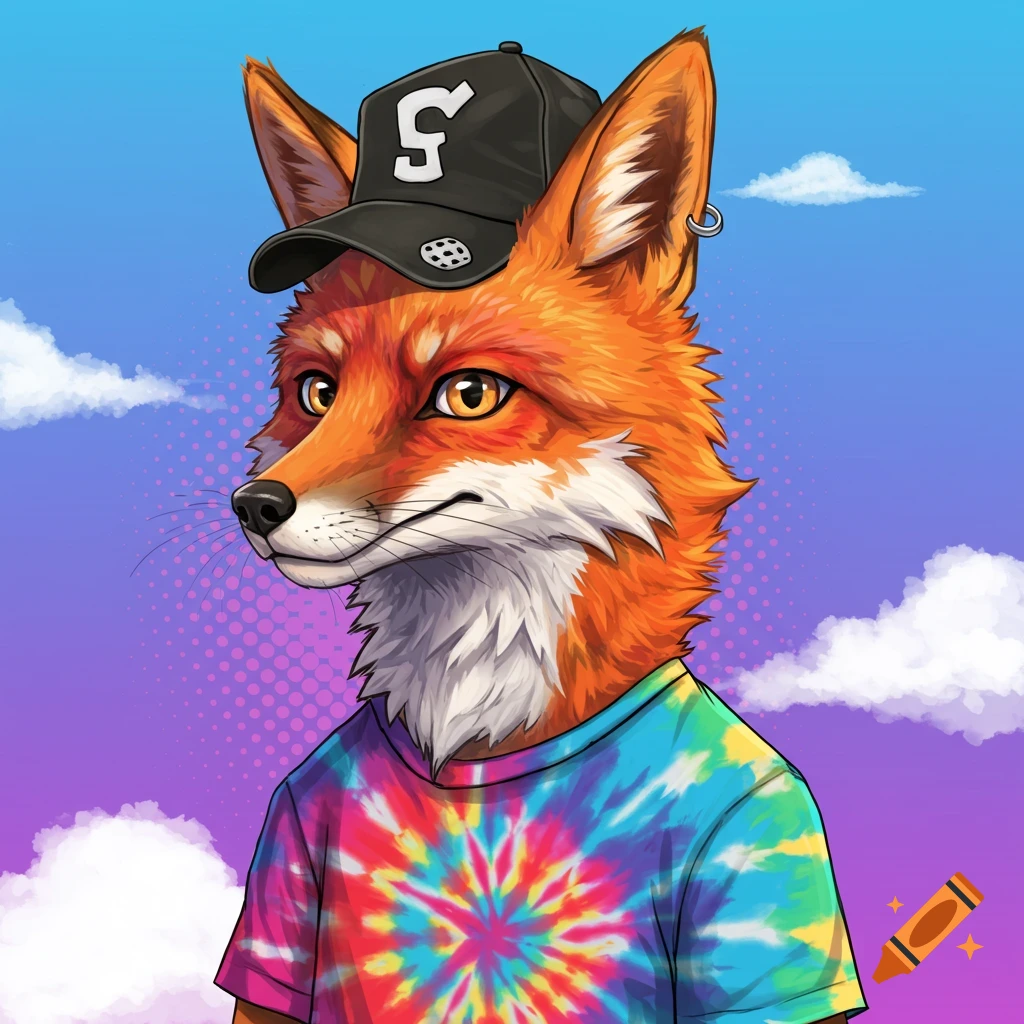 Stylized illustration of a fox wearing a tie-dye shirt and a black baseball cap with a white logo, against a pop-art sky with clouds.