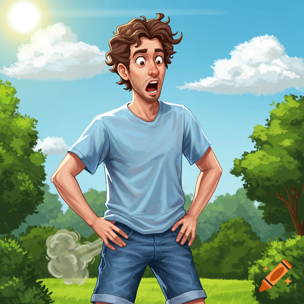 A surprised man stands outdoors with a cloud behind him.