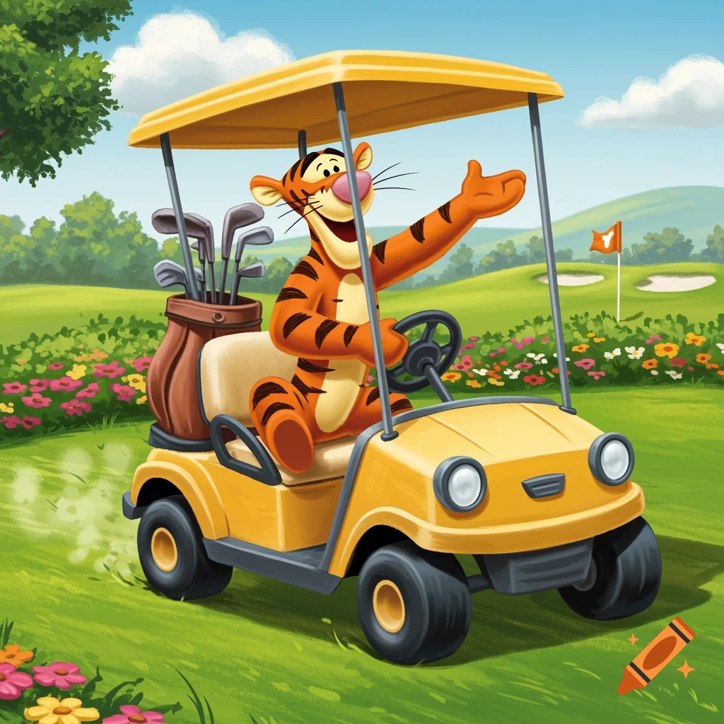 Cartoon Tigger driving a golf cart on a sunny golf course.