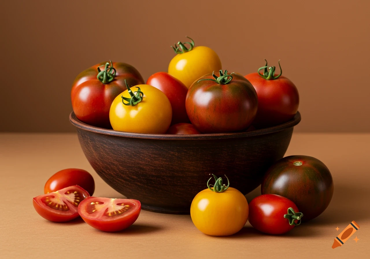Still life of red and yellow variegated tomatoes in a bowl.