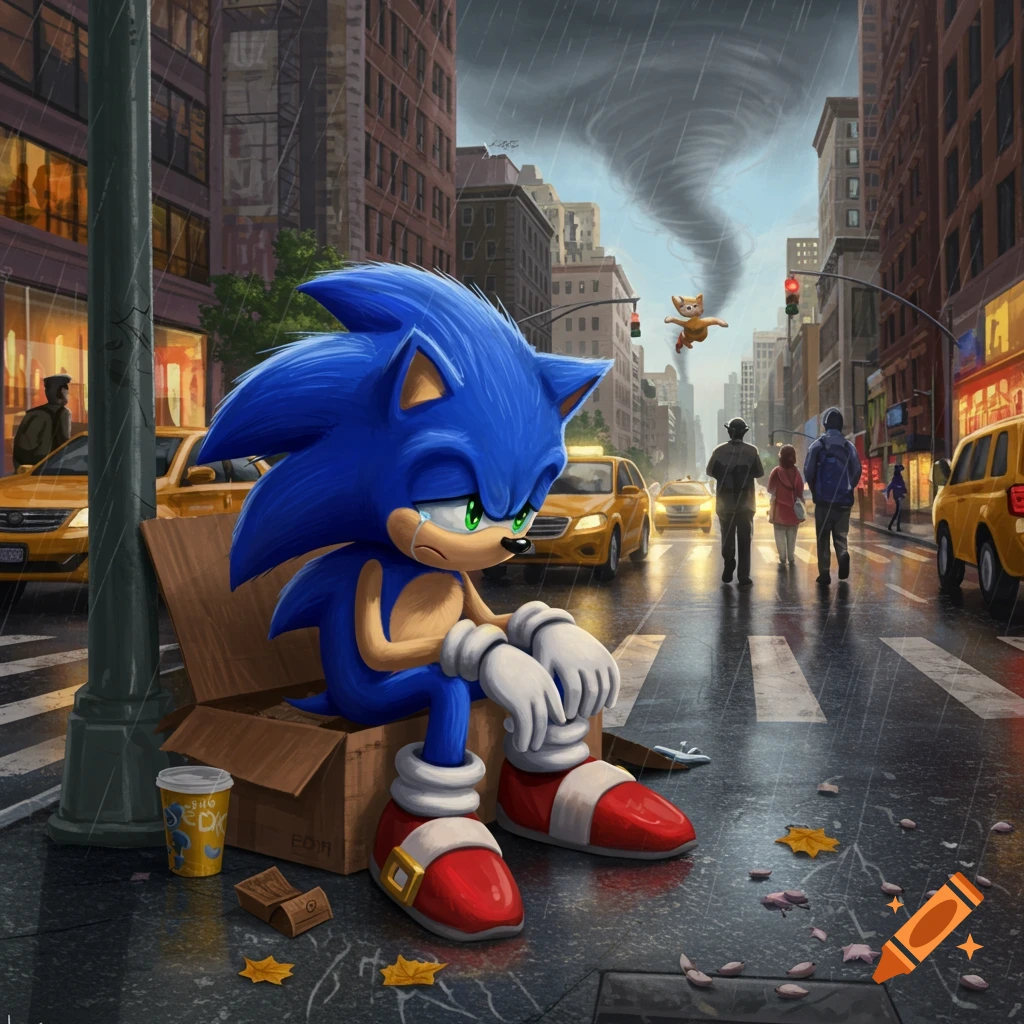 Sonic the Hedgehog is shown sitting on a cardboard box on a rainy city street, looking sad. A tornado is visible in the background.