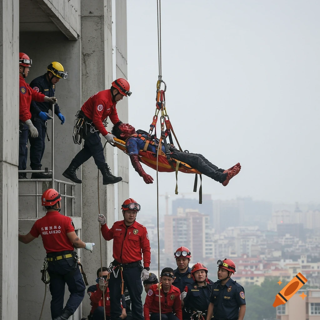 Rescuers lower an injured man on a stretcher from a building.