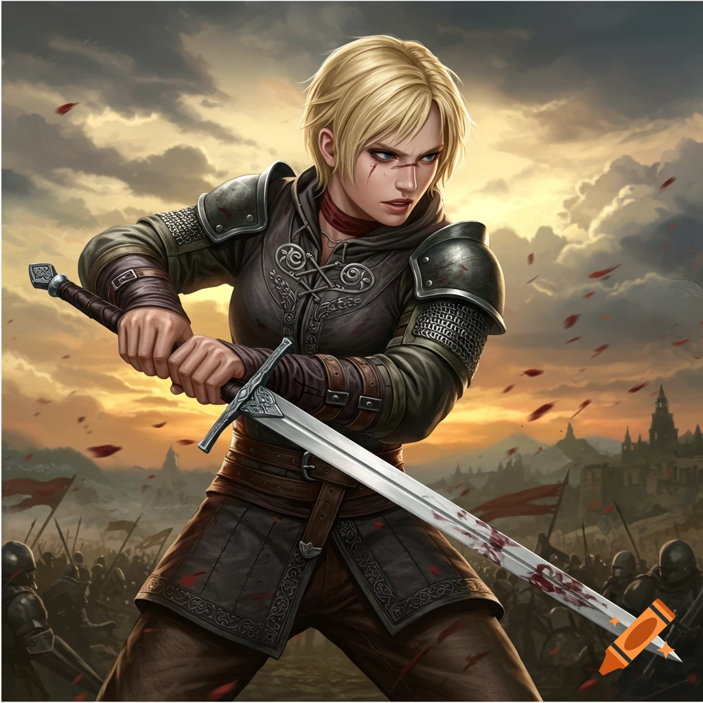 A blonde woman warrior in armor holds a bloody sword during a battle.