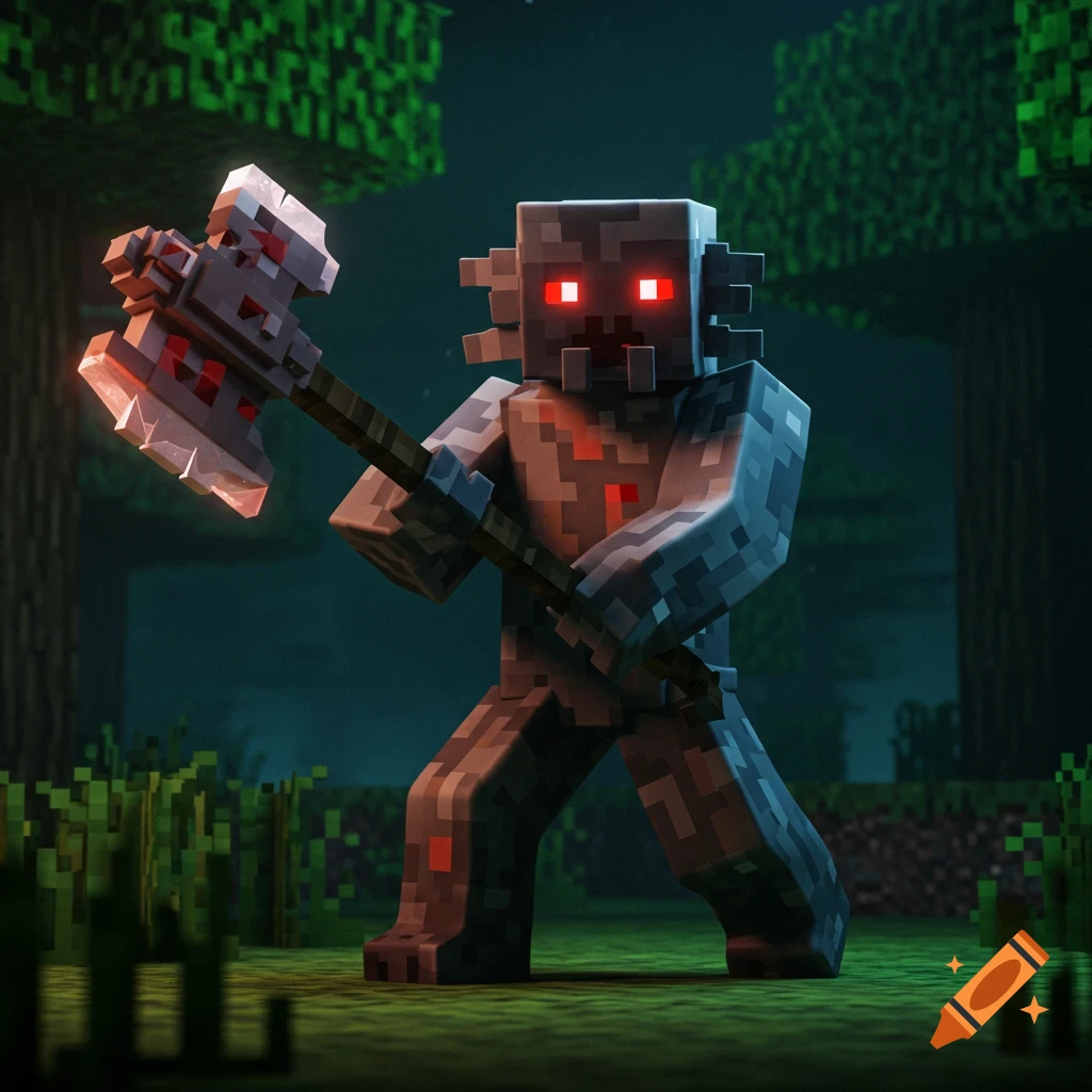 A Minecraft illager monster with a glowing axe stands in a dark forest.