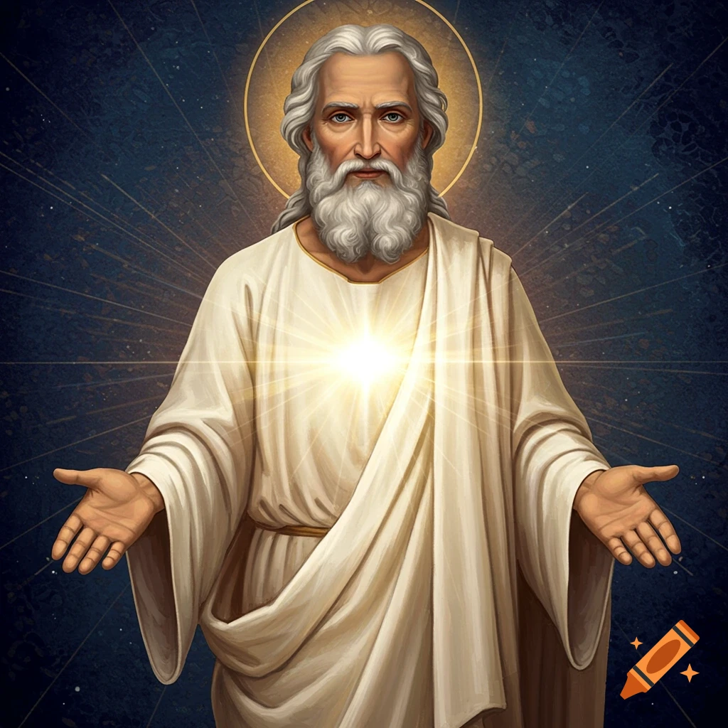 An elderly man with a beard and halo, wearing a white robe, with outstretched hands, bathed in light.