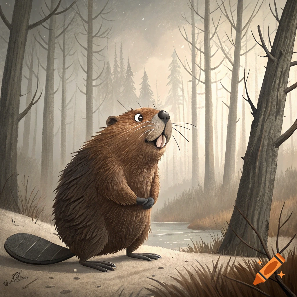 Cartoon illustration of a happy beaver standing in a foggy forest