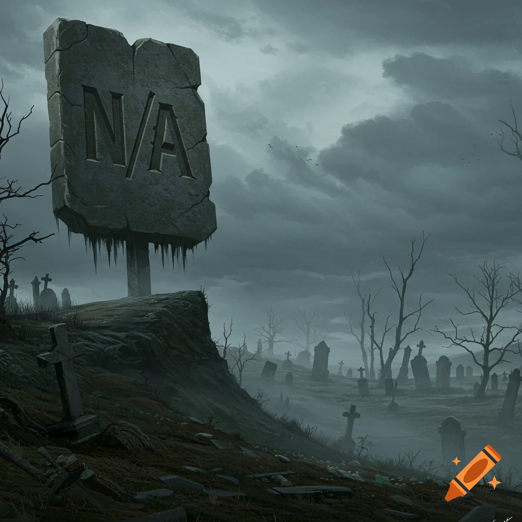 A large stone sign reading N/A stands on a hill overlooking a dark, foggy graveyard.