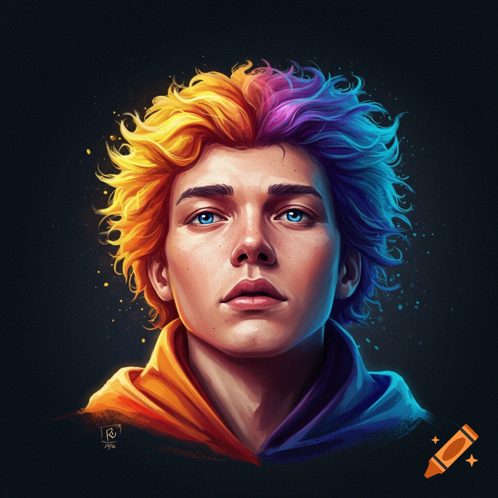 A person with split orange/yellow and purple/blue hair.