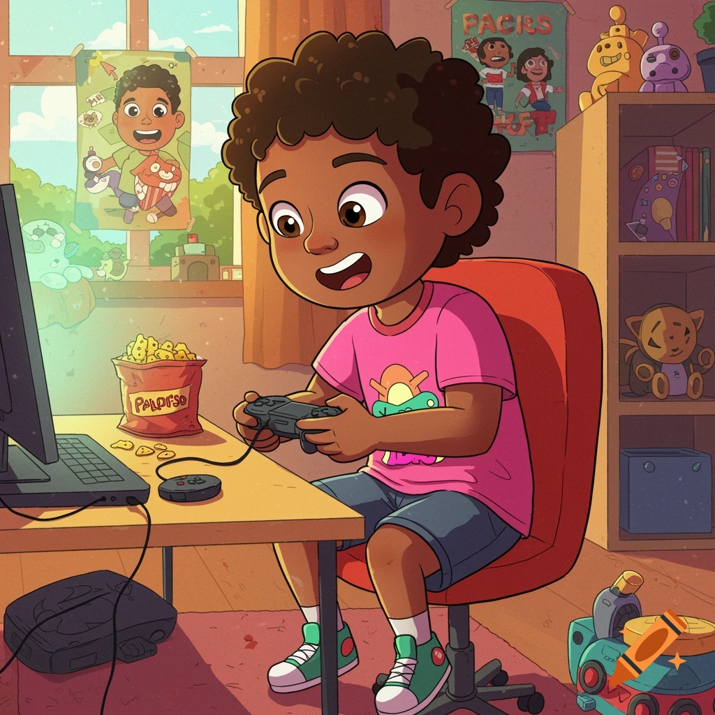 Cartoon illustration of a young boy playing video games in a colorful room.