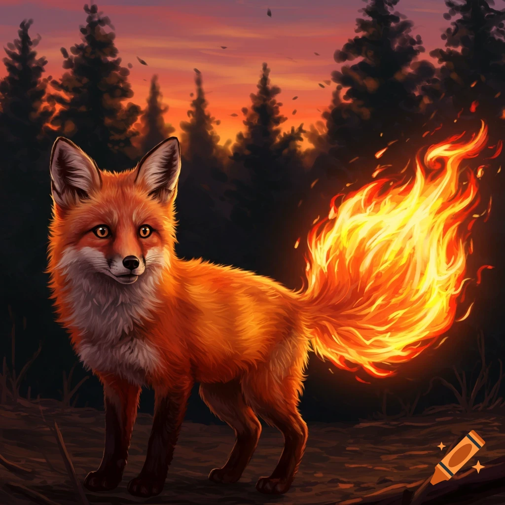 A red fox pup with a fiery tail standing in a forest at sunset.