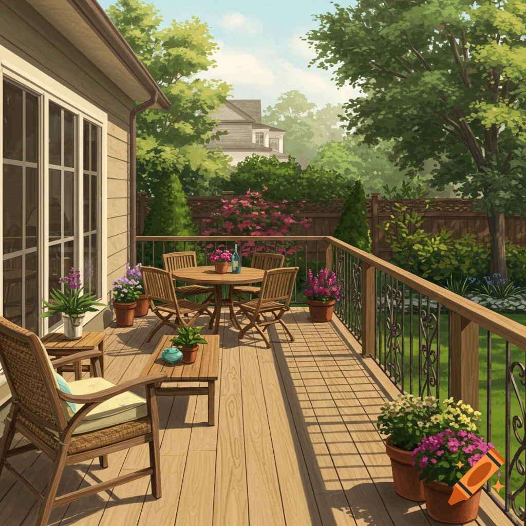 An outdoor deck with furniture, flowers, and a view of a garden and house.