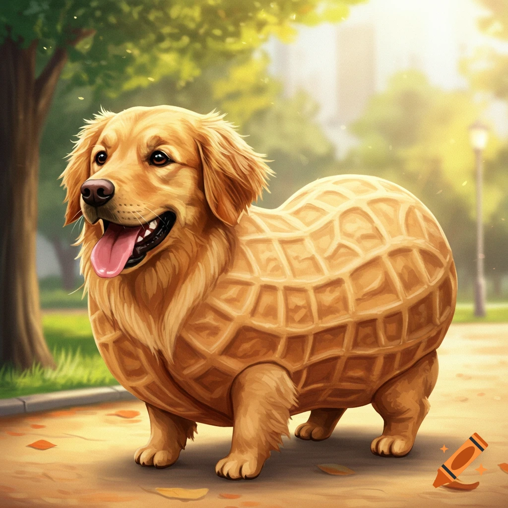 A golden retriever dog with a large peanut shell body is in a park.