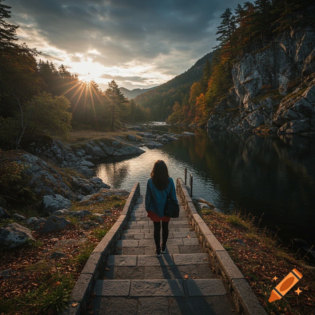 A person walks down stone steps towards a river in a sunlit mountain landscape.