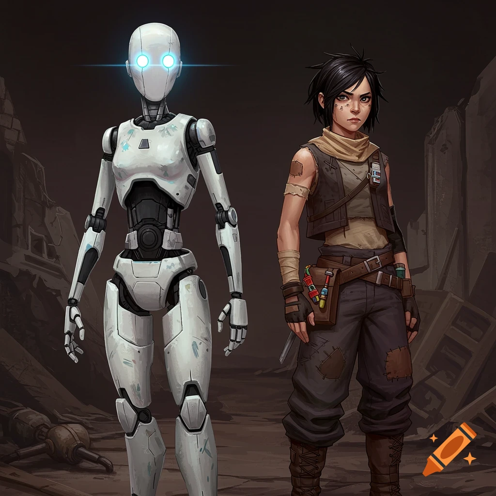 A humanoid robot and a young scavenger stand in ruins.