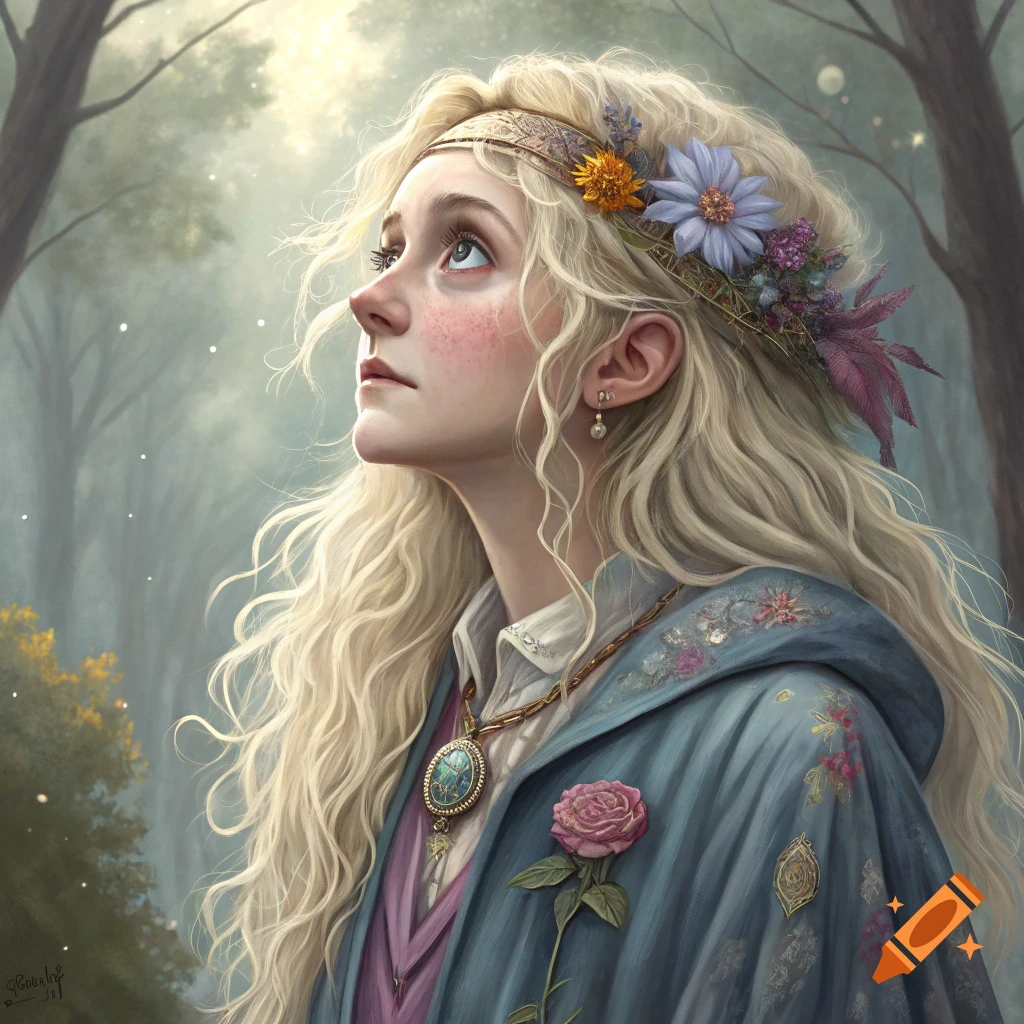 A fantasy portrait of a blonde woman with a floral headband, looking up in a misty forest.