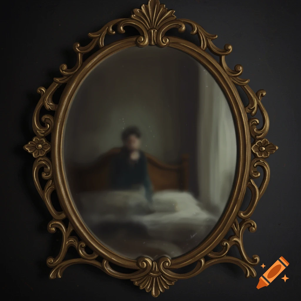 Golden ornate oval mirror reflects a blurry person on a bed.