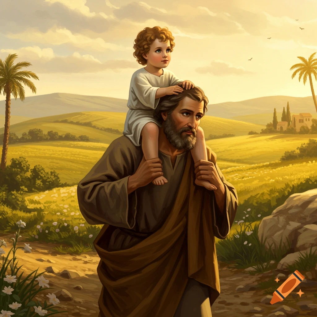 A man carrying a child on his shoulders walks through a sunny field at sunset.