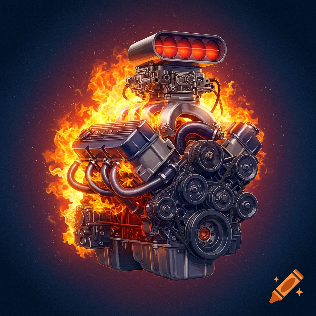 A V8 engine engulfed in flames
