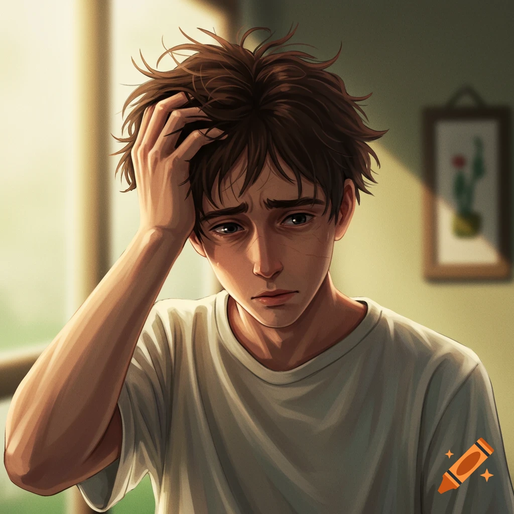 A young man looks tired and anxious, running his hand through his messy hair.