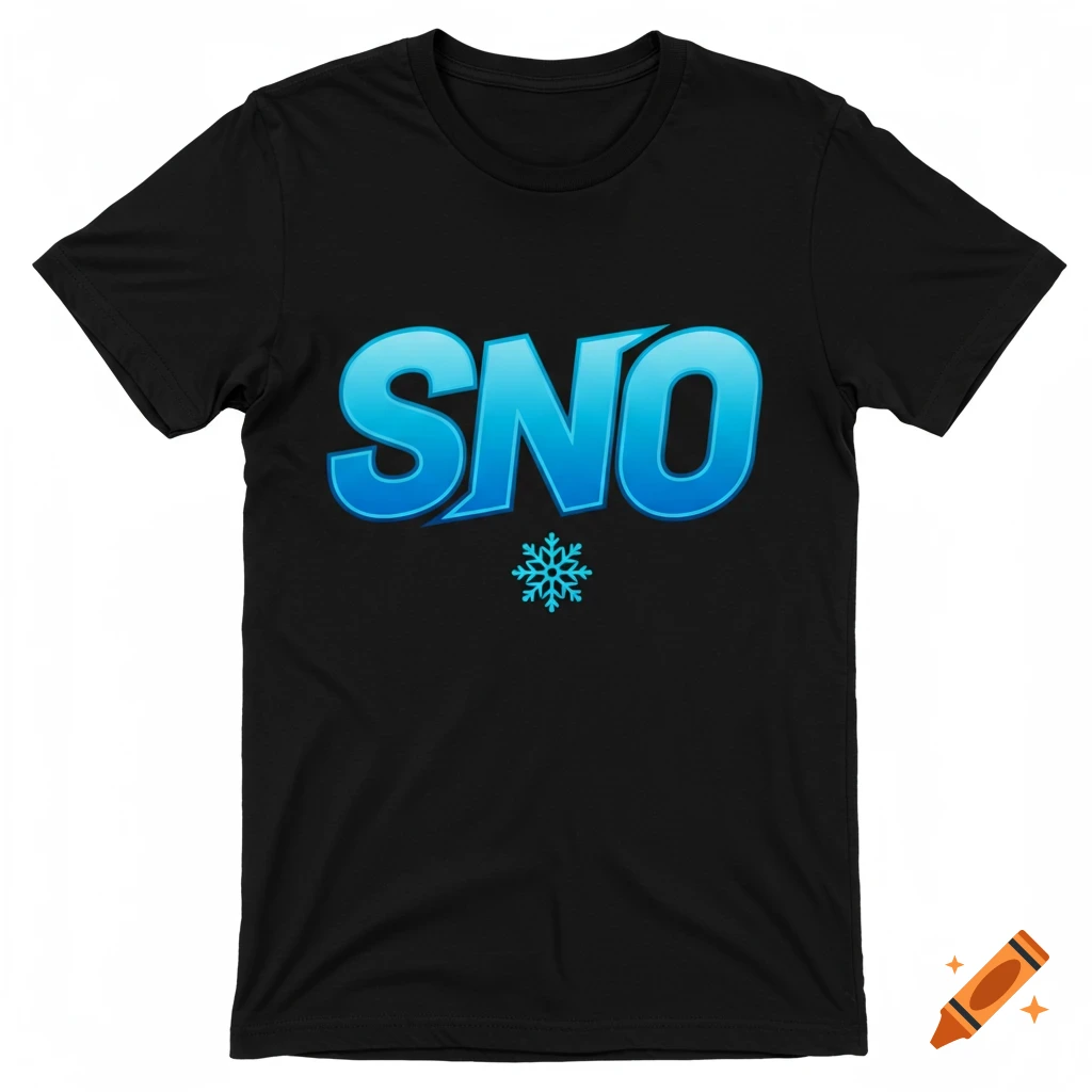 Black t-shirt with the word SNO in blue text and a blue snowflake graphic