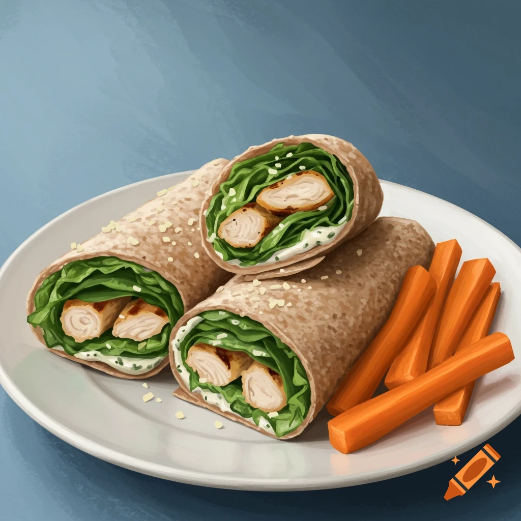 A plate holds chicken caesar wraps and carrot sticks.