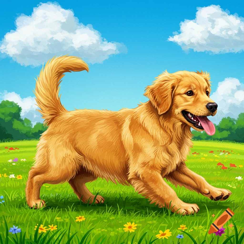 A golden retriever dog runs in a grassy field with flowers under a blue sky with clouds.