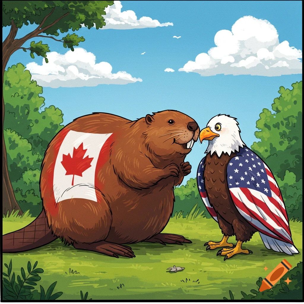Cartoon beaver with Canadian flag and bald eagle with USA flag face each other in a forest.