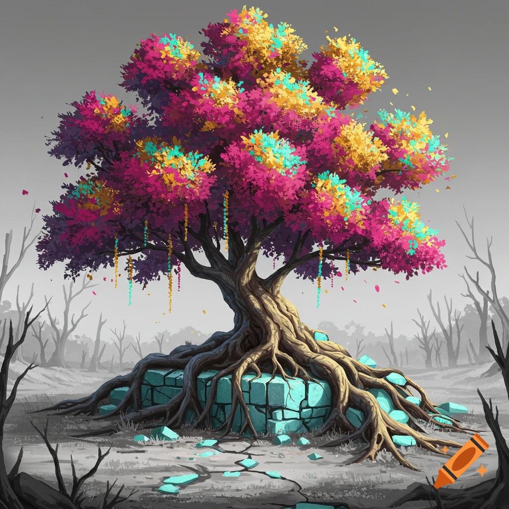 A flamboyant tree with bright pink, yellow, and blue foliage sits on blue stones in a dead forest.