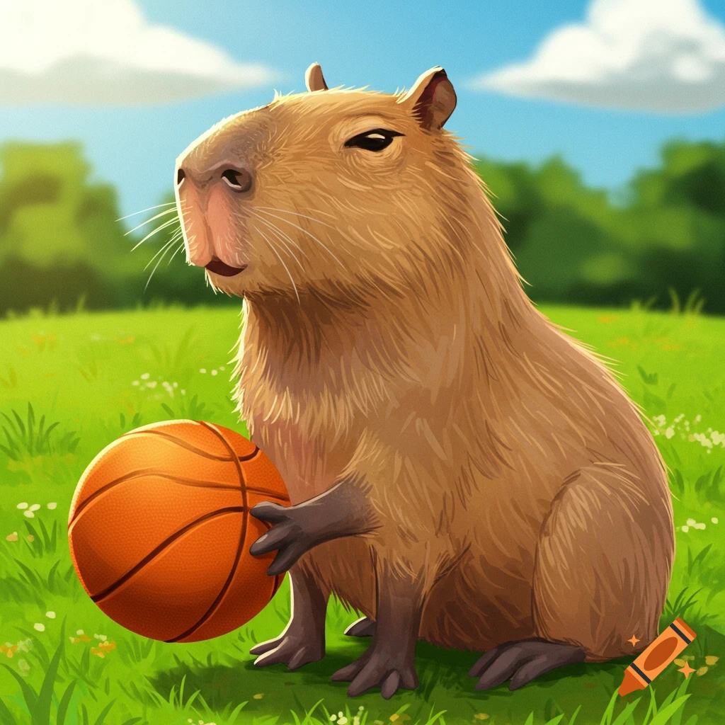 A capybara holding a basketball in a grassy field.