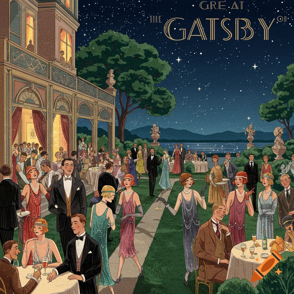 A 1920s party outside a grand mansion at night, under a starry sky with text 'THE GREAT GATSBY'.