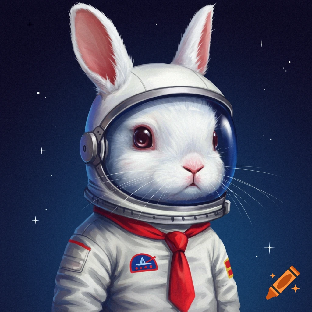A white rabbit wearing an astronaut helmet and suit with a red tie.