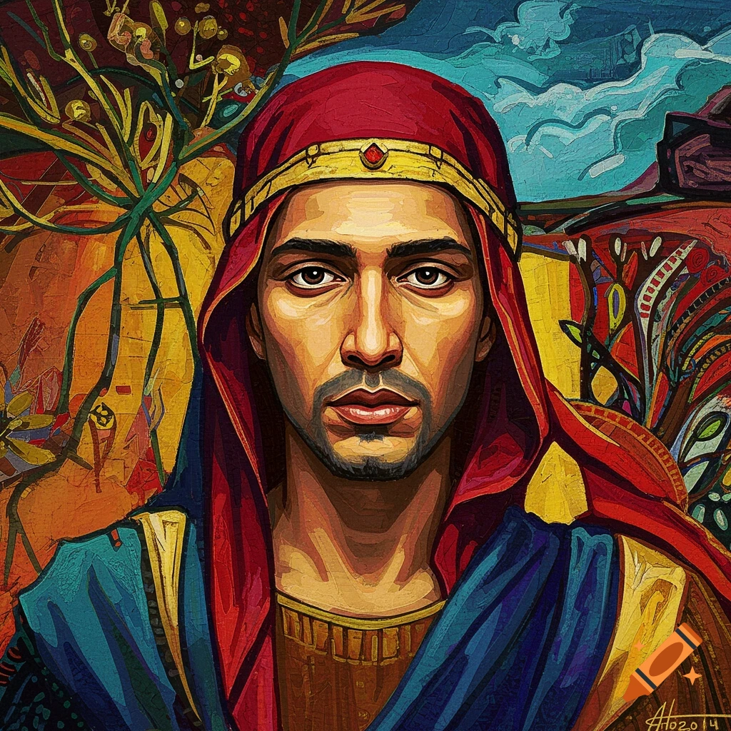 Colorful abstract painting portrait of a man in a red headdress and blue cloak.