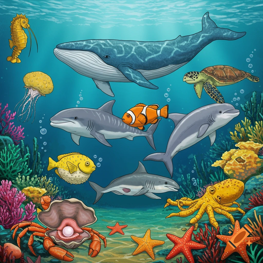 Colorful underwater illustration of various marine animals including a whale, sharks, dolphin, sea turtle, seahorse, and coral reef.
