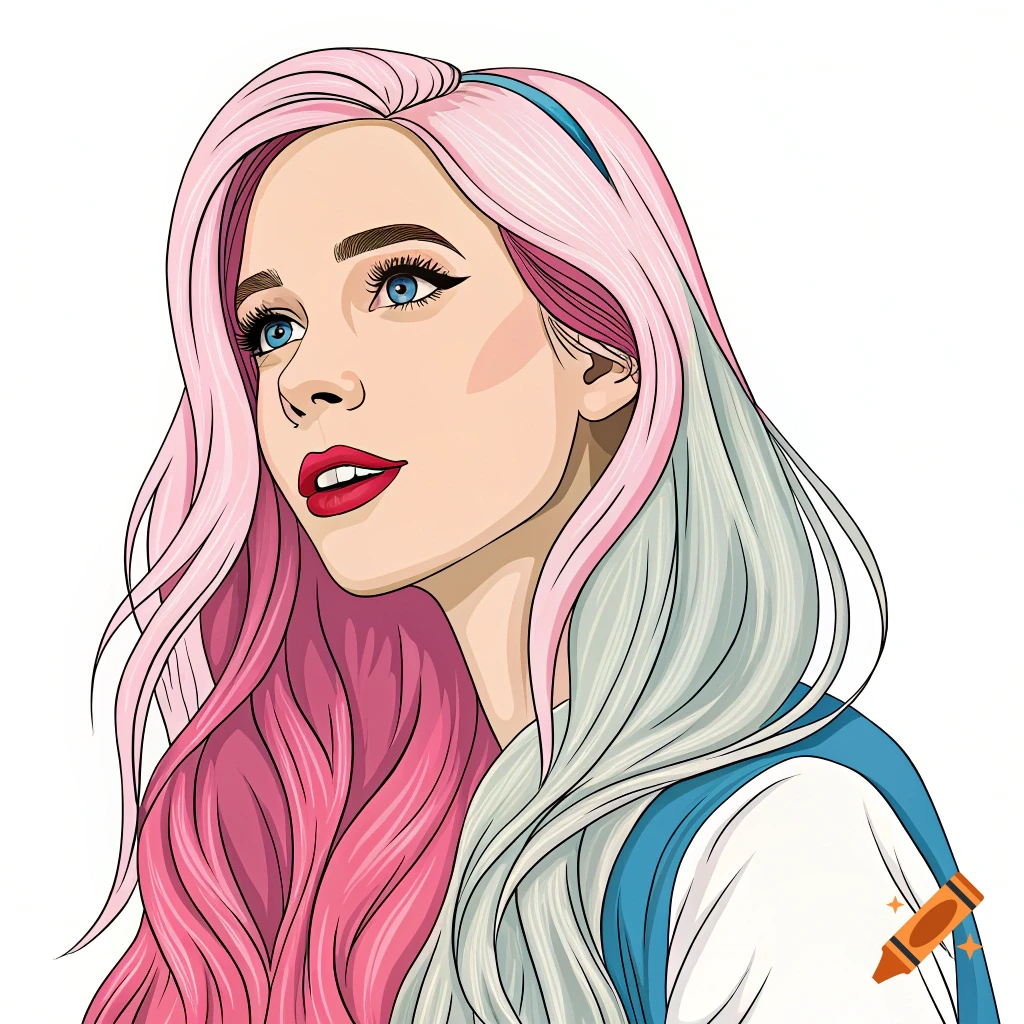 Vector portrait of a woman with pink and white hair looking up