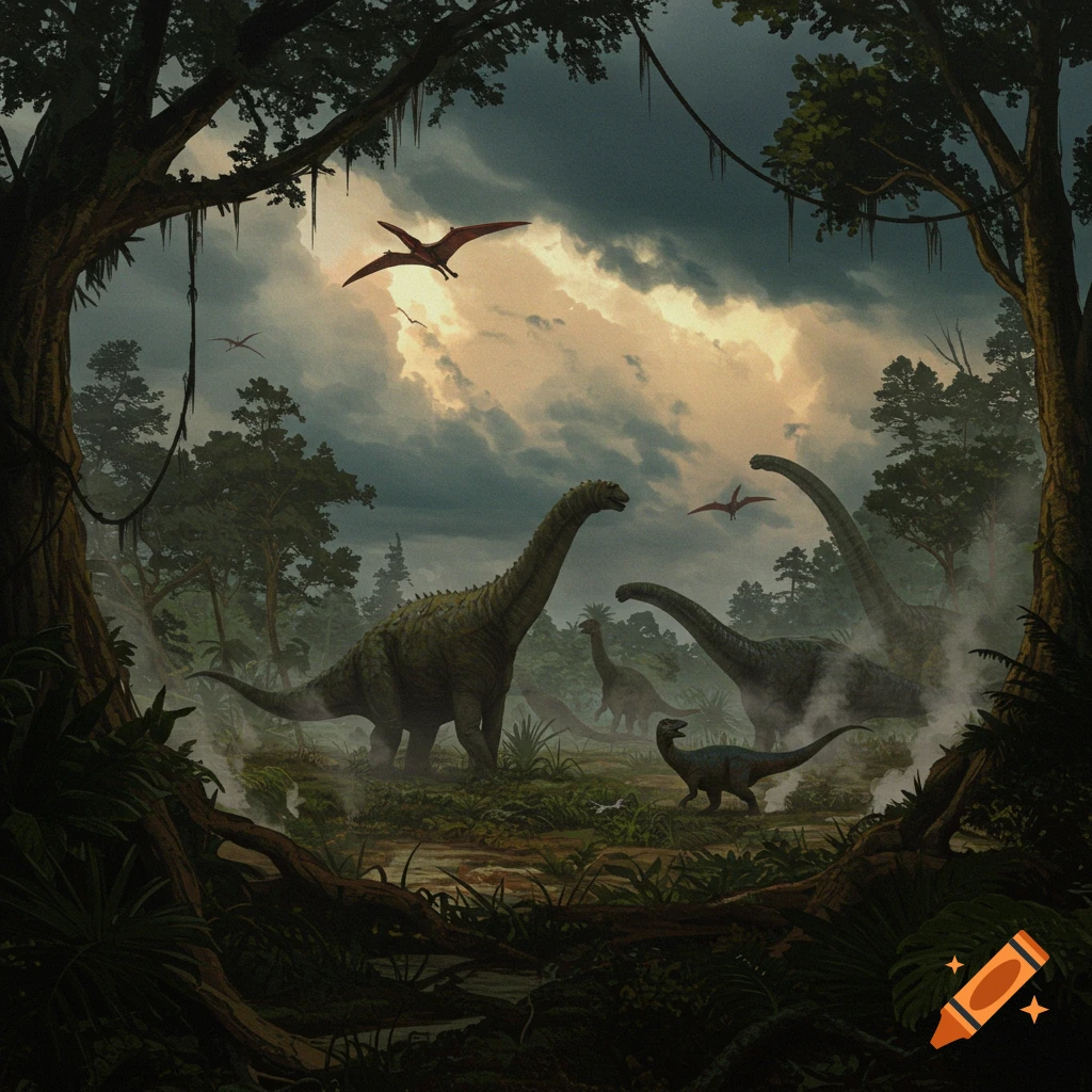 Dinosaurs in a dark, stormy jungle. Several long-necked sauropods and a smaller dinosaur are visible.