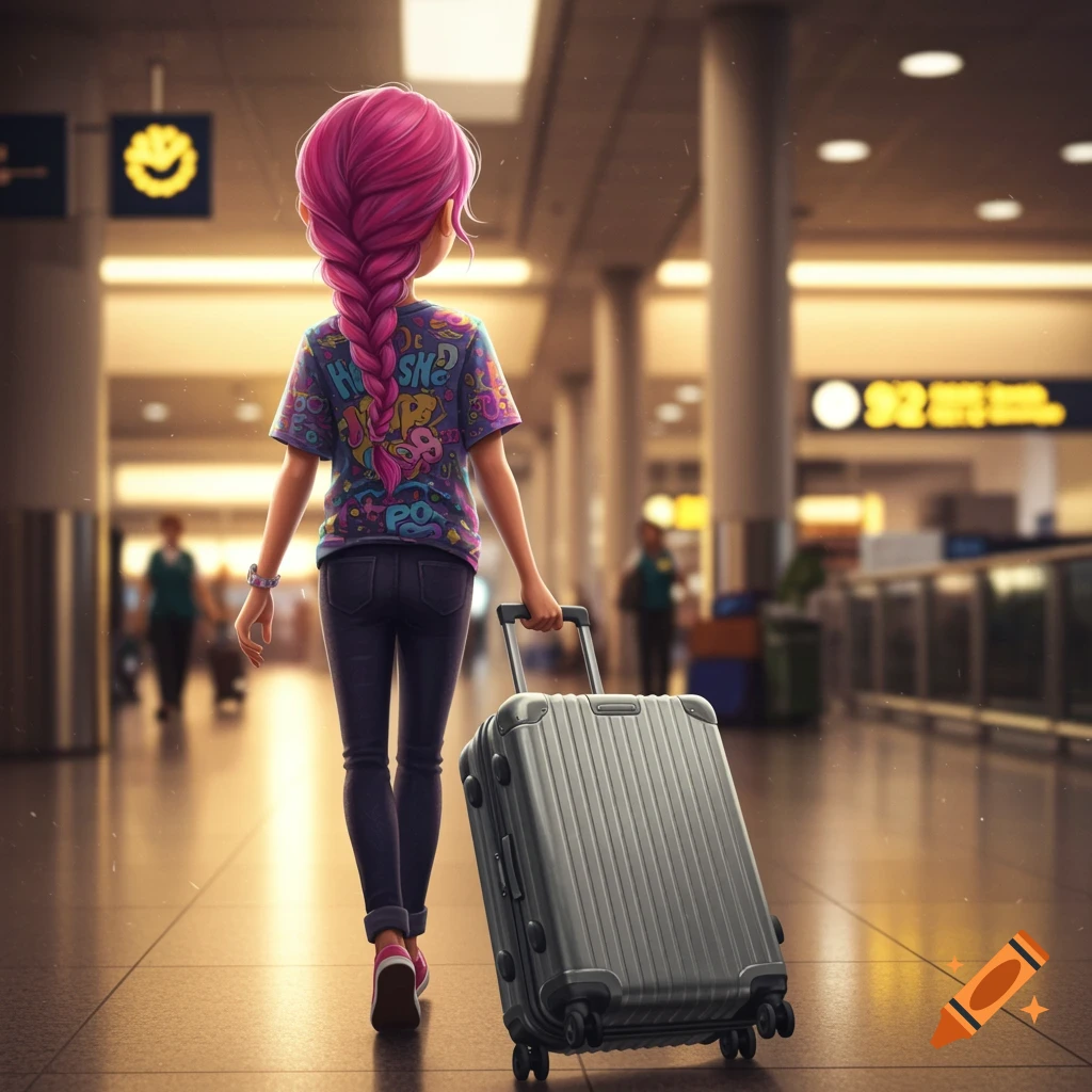 A girl with pink braided hair pulls a silver suitcase in an airport terminal.