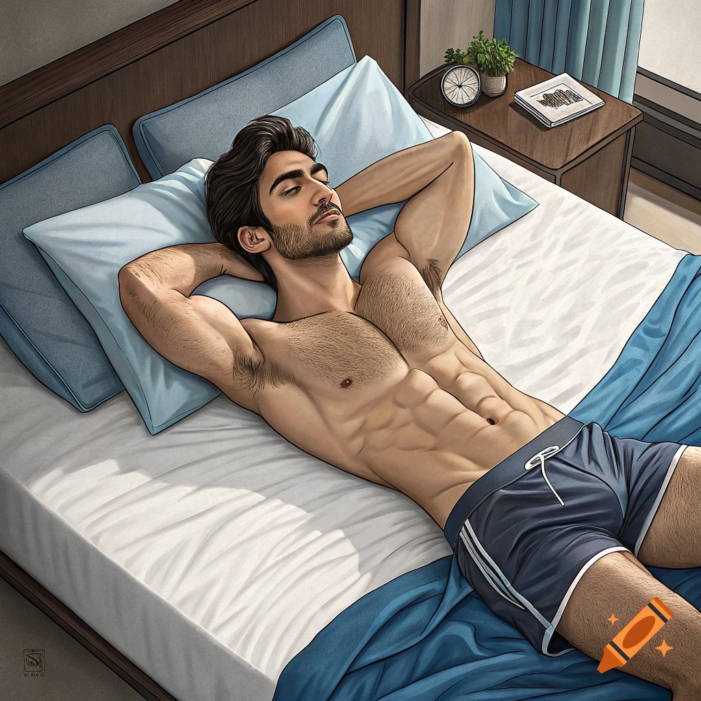 Pakistani male, Bilal Abbas Khan, lying in bed on Craiyon