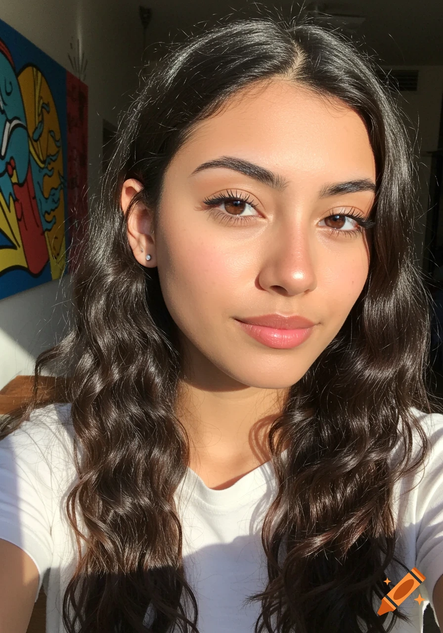 Close-up selfie of a young woman with long dark wavy hair, bathed in sunlight.