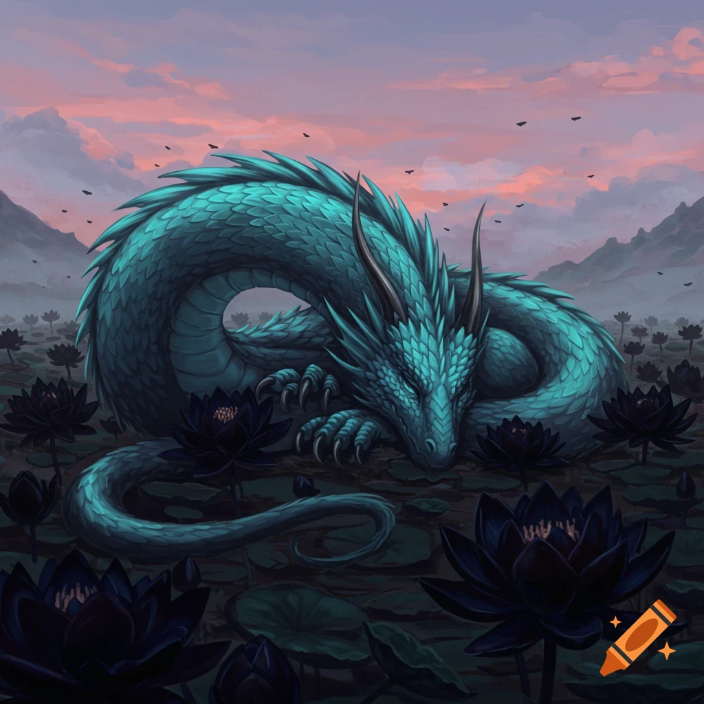 A large blue dragon sleeps curled up in a field of dark lotus flowers at sunset.