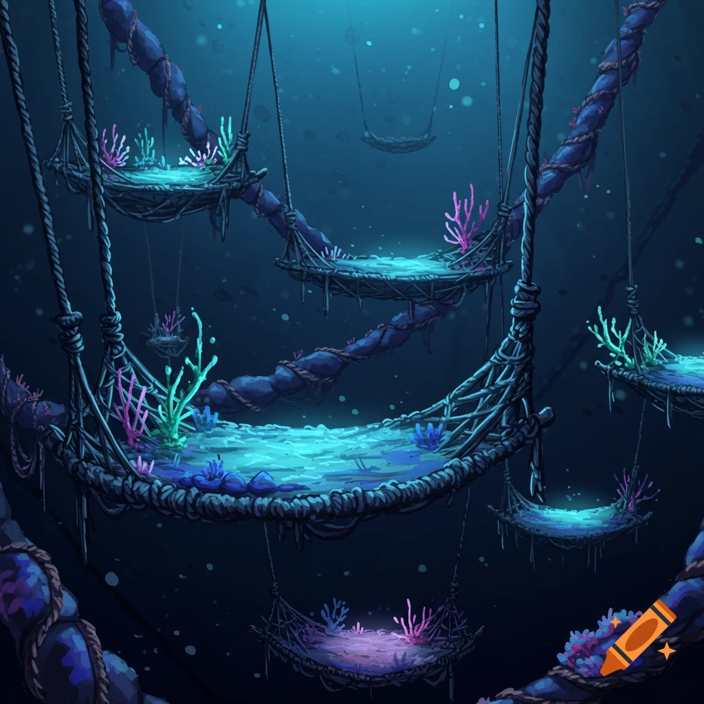 Underwater hanging platforms made of rope, decorated with bright pink, purple, and green coral.