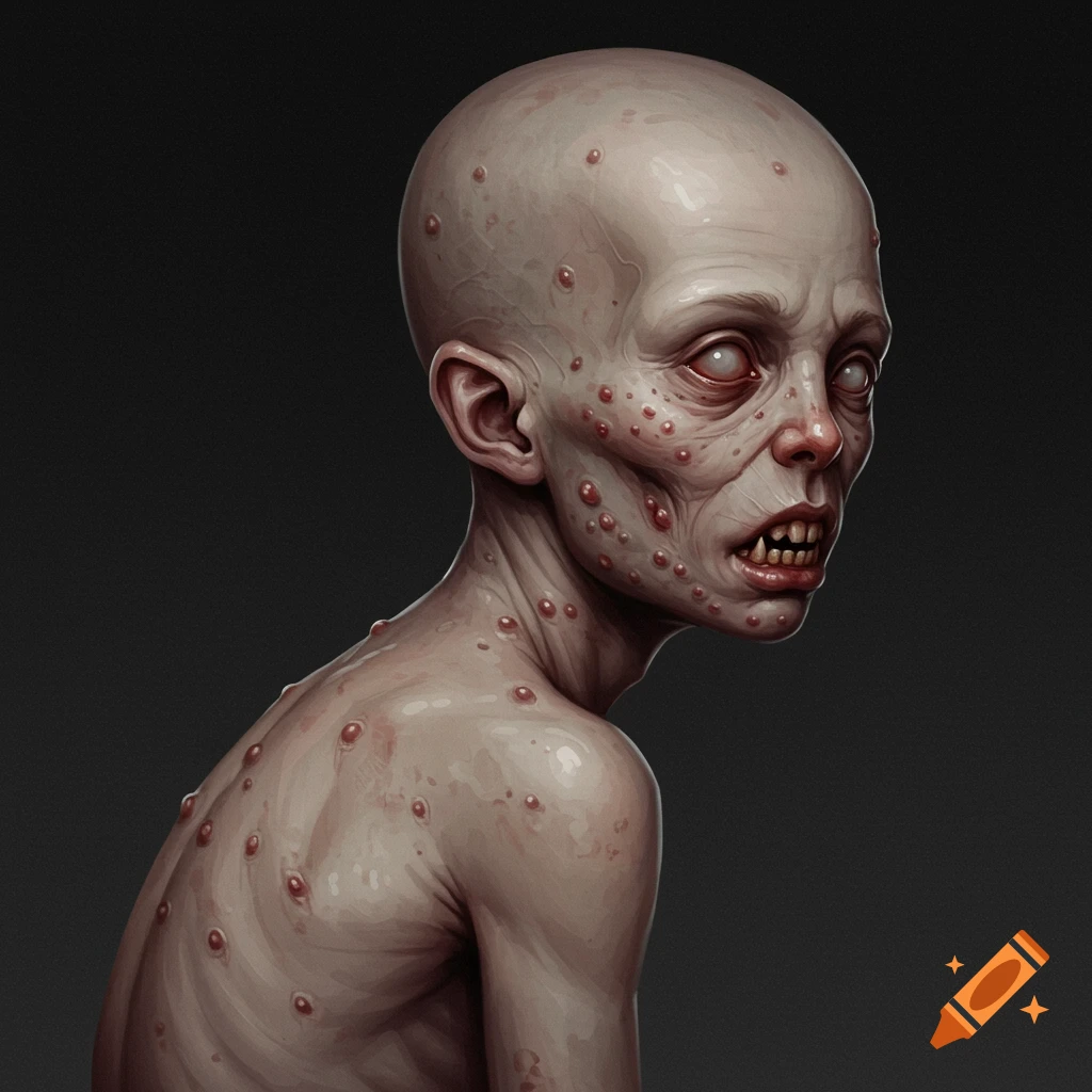 A pale creature with pimples, fogged eyes, and sharp teeth.