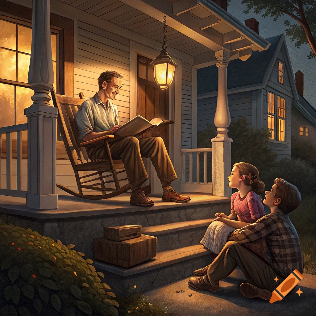 Man reads book to two children on a porch at dusk in Norman Rockwell style.