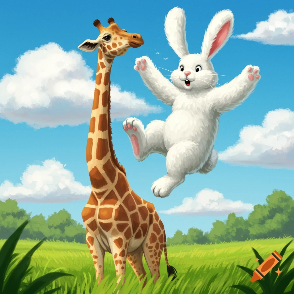 A giraffe watches a white rabbit jump overhead in a grassy field under a blue sky.