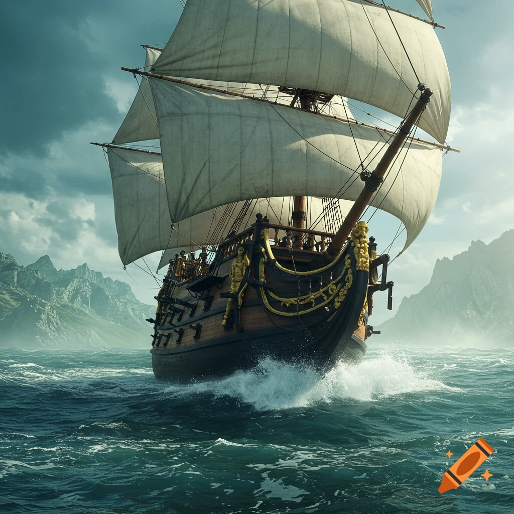 A majestic galleon sails on a rough sea with mountains under a dramatic sky.