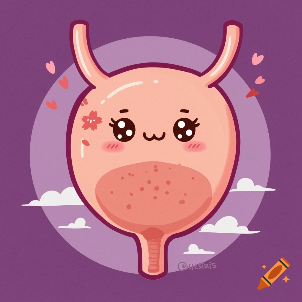 Cartoon illustration of a cute bladder character with a face, clouds, and hearts on a purple background.
