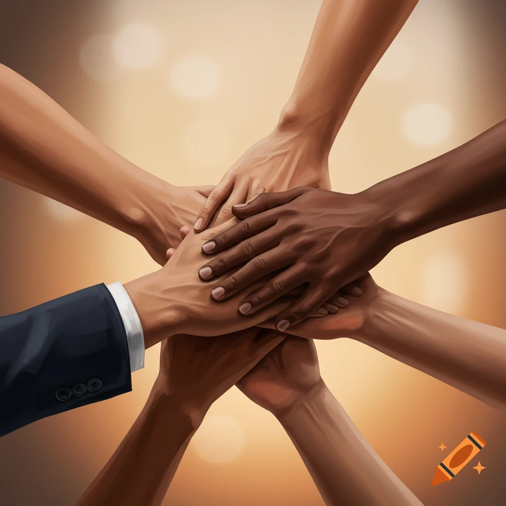 Six diverse hands stacked together